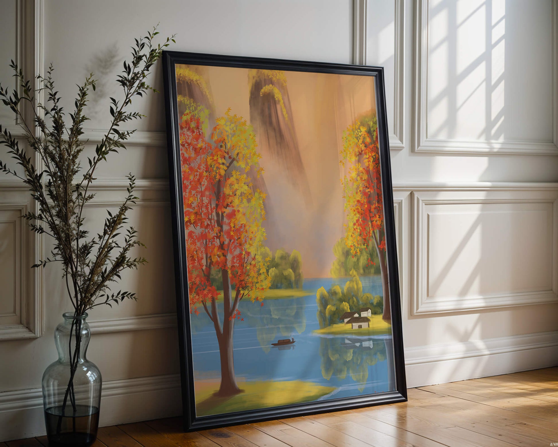 Paysage d'automne avec des arbres vibrants au bord d'un lac serein