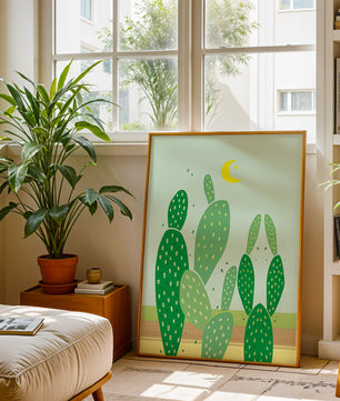 Desert cactus illustration with crescent moon