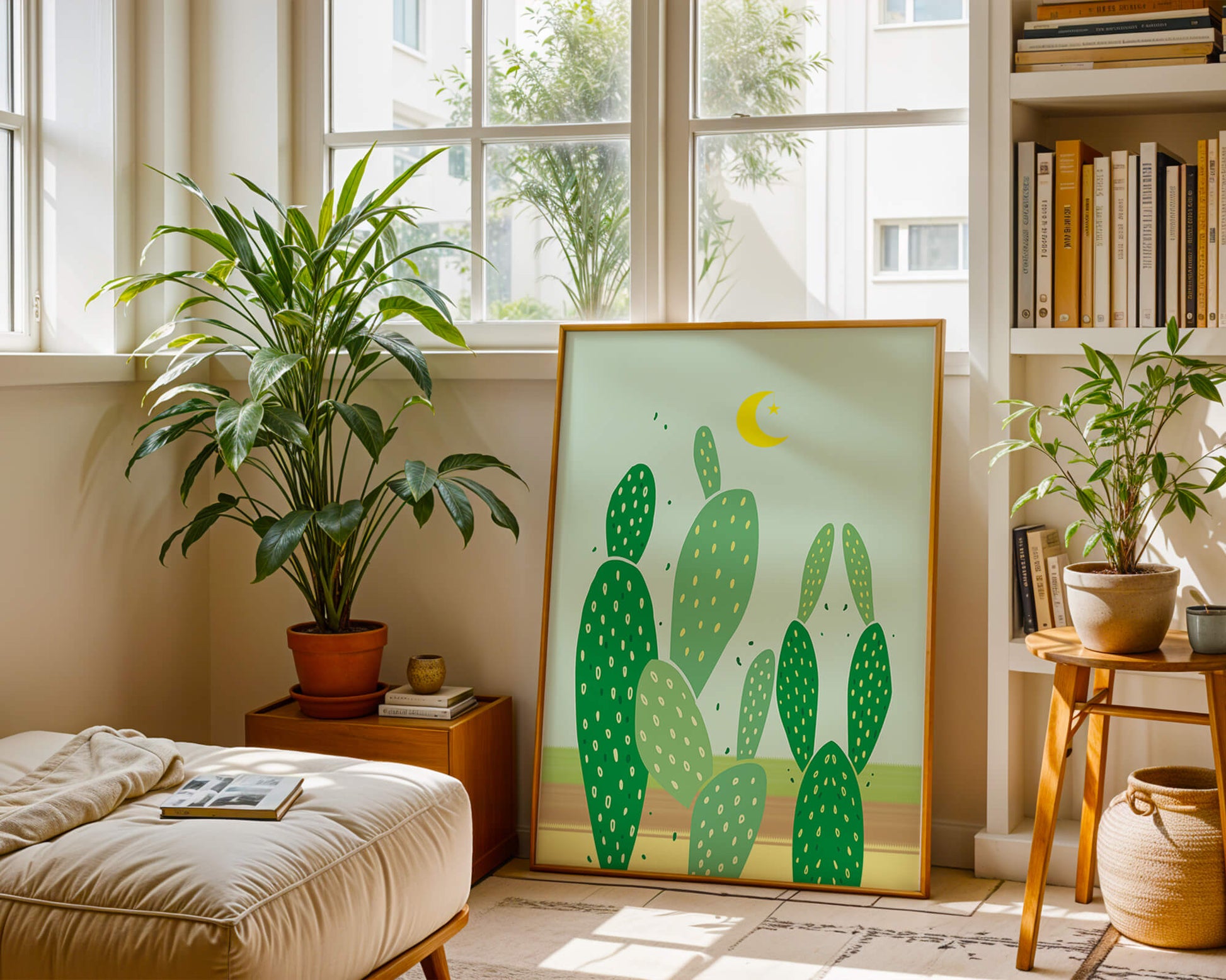 Desert cactus illustration with crescent moon