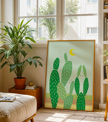 Desert cactus illustration with crescent moon