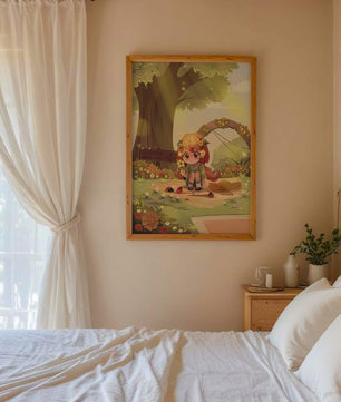 Charming anime-style scene with young girl, flowers, and nature background