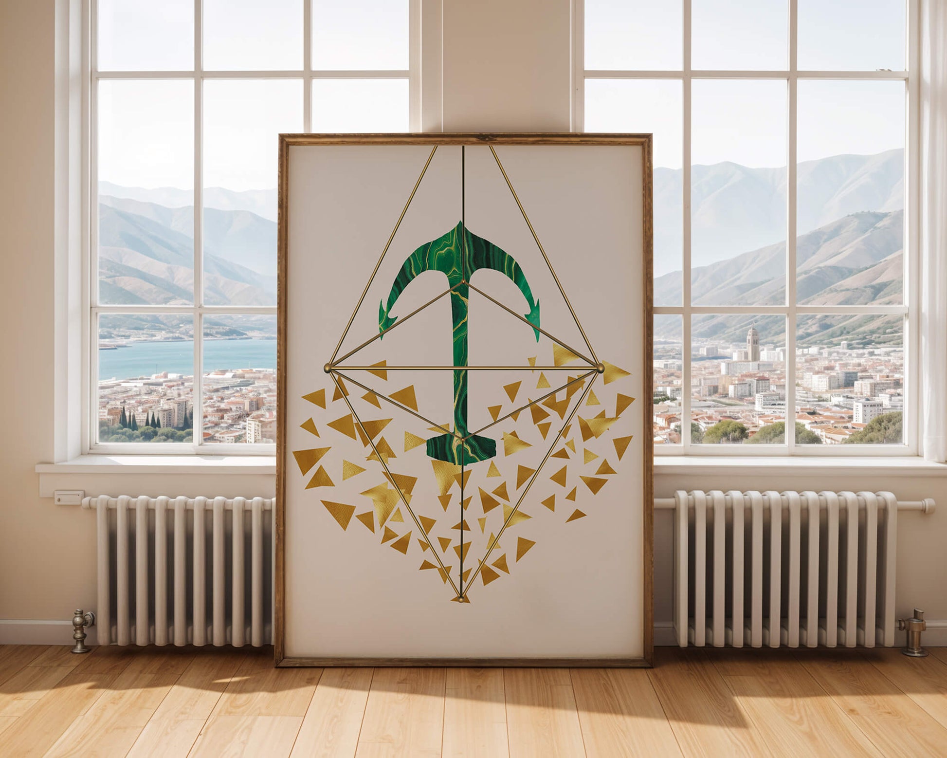 Arte geométrico abstracto con textura de piedra verde y triángulos dorados