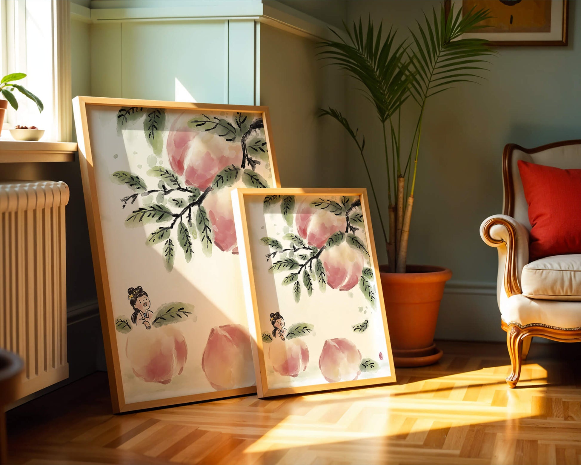 Encantadora ilustración de una chica entre flores de melocotón y hojas verdes