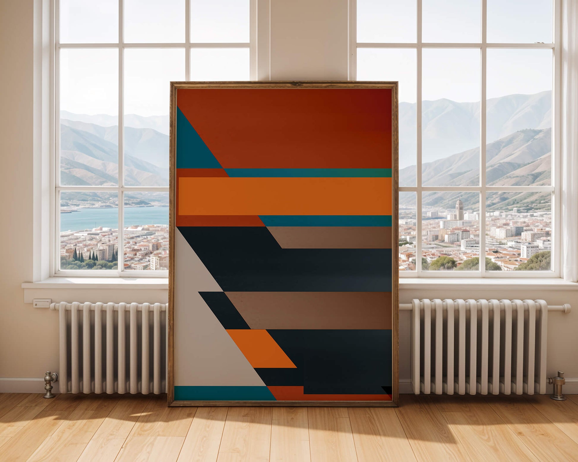 Arte abstracto geométrico con colores llamativos y formas dinámicas