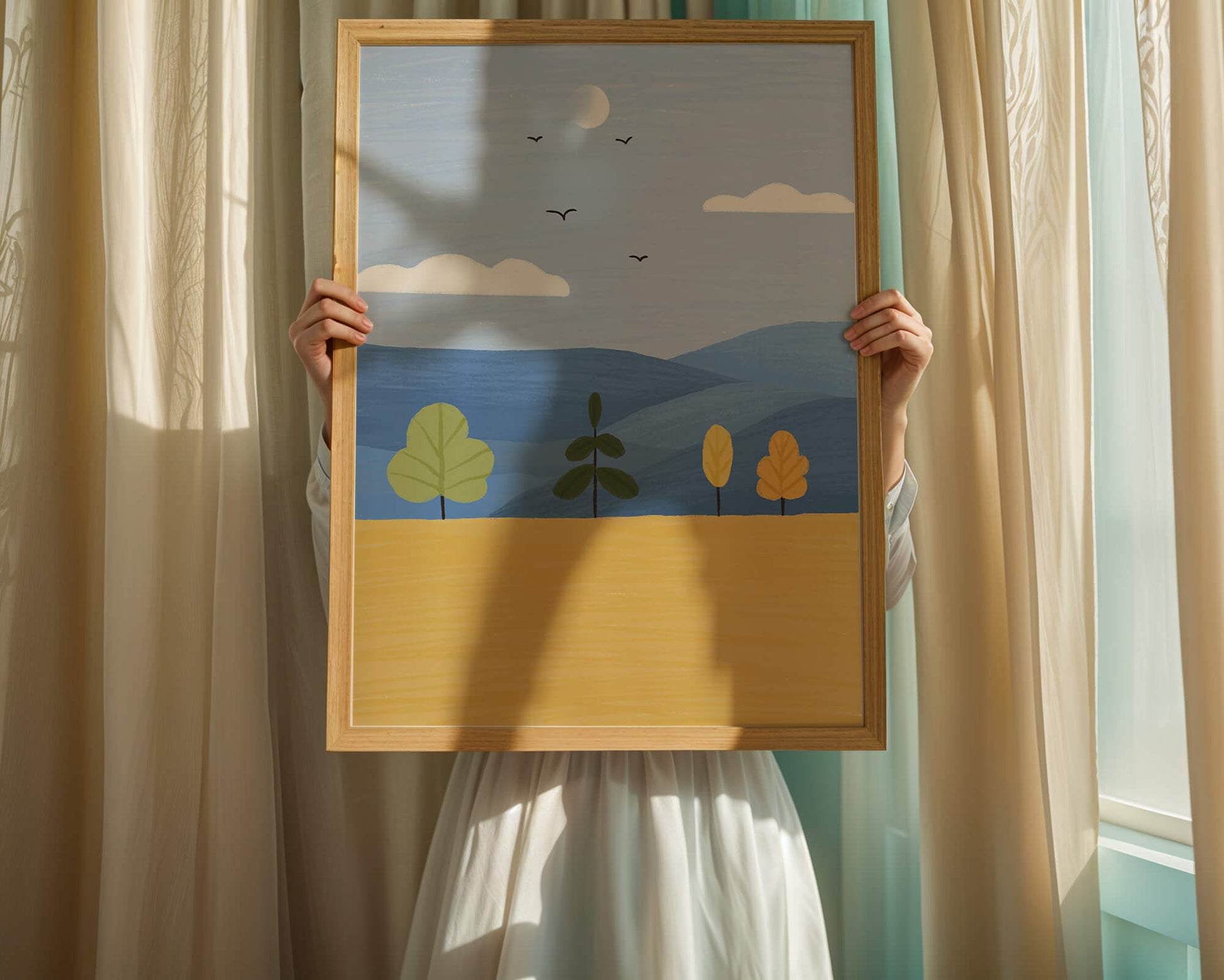 Paisaje colorido con árboles y aves en un campo sereno