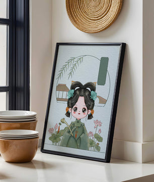 Charming illustration of a cute character in traditional Asian attire with floral elements