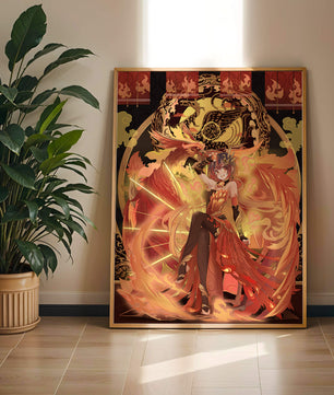 Art fantastique d'une fille avec un phénix majestueux aux couleurs flamboyantes