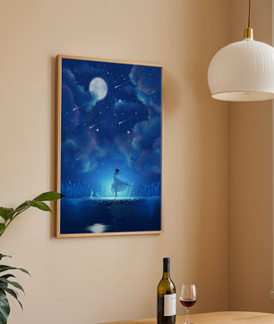 Cielo nocturno soñador con figura danzante y luz de luna brillante
