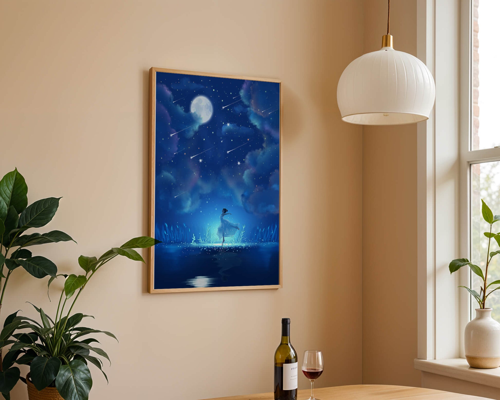 Cielo nocturno soñador con figura danzante y luz de luna brillante