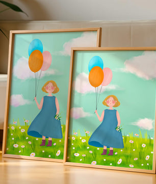 Girl with balloons in a field of daisies under a blue sky