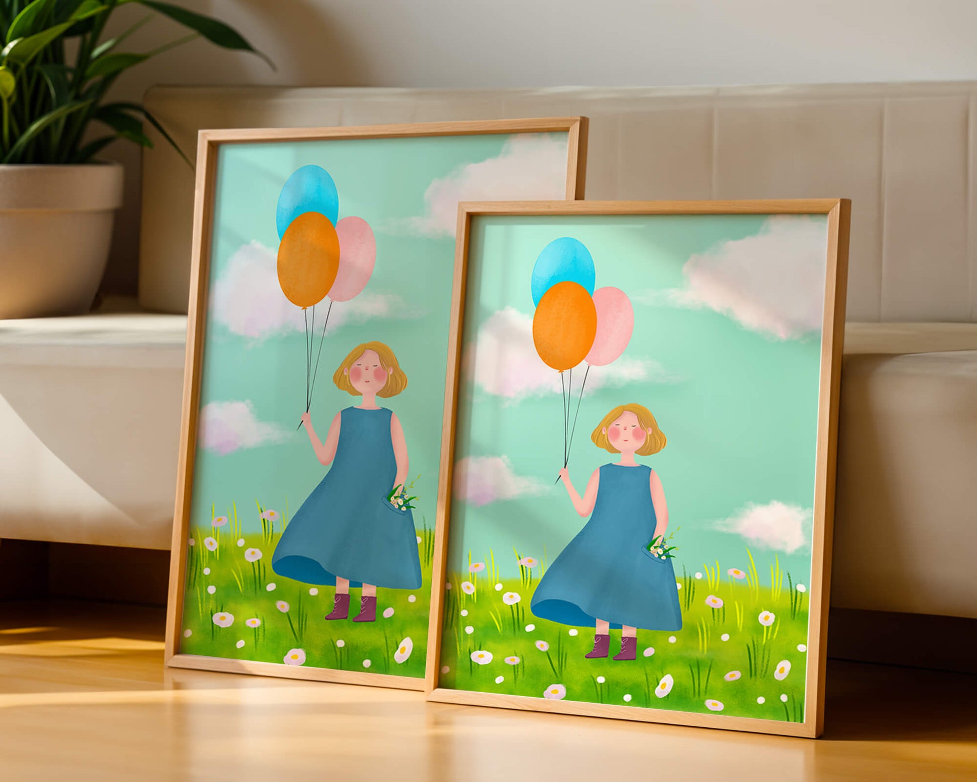 Girl with balloons in a field of daisies under a blue sky