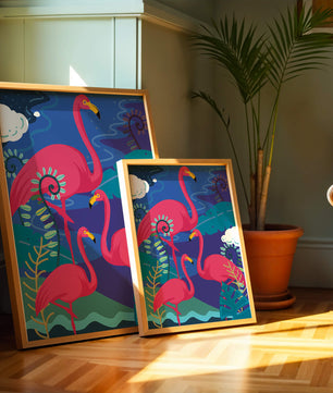 Colorful illustration of flamingos in a tropical setting
