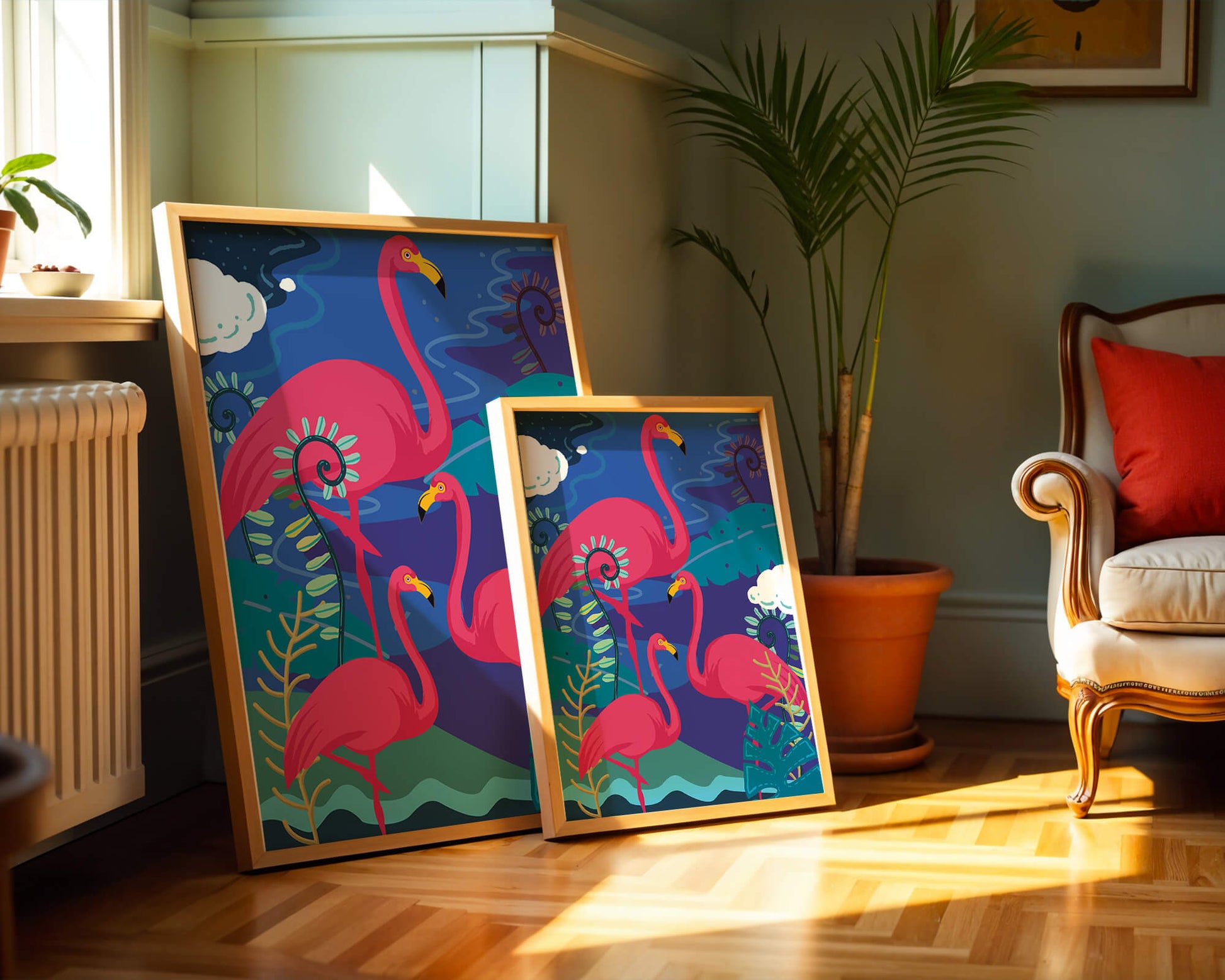 Colorful illustration of flamingos in a tropical setting