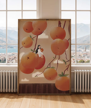 Whimsical illustration of girl with giant oranges and branches