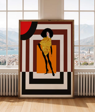 Ilustración de moda con figura en dorado y fondo geométrico