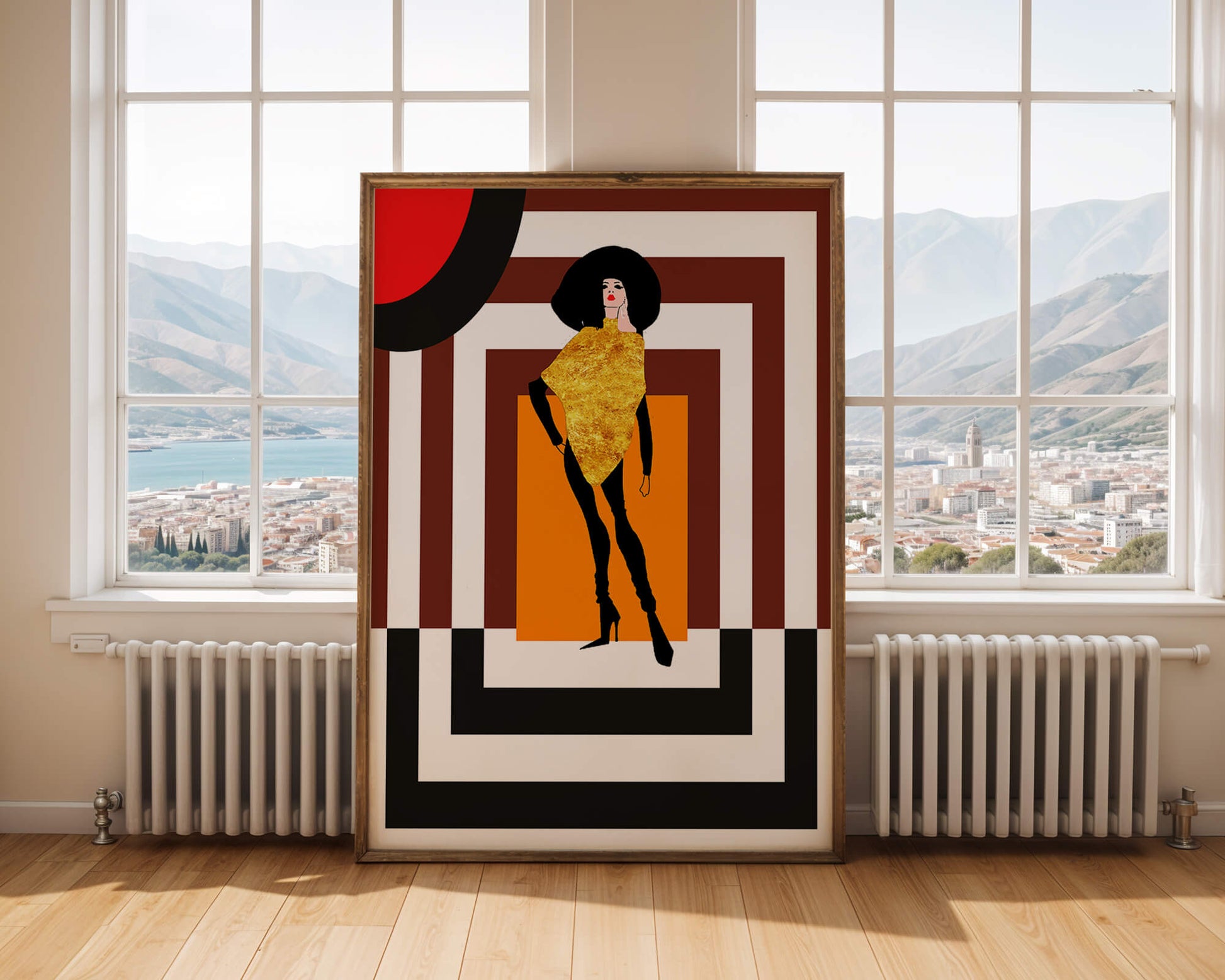 Fashion Illustration with Figure in Gold and Geometric Background