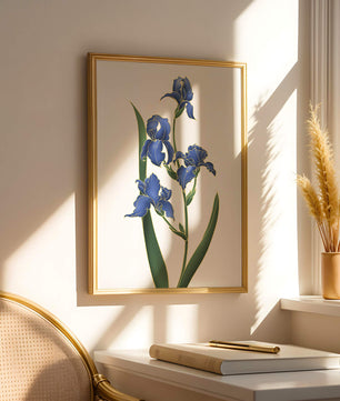Flores de lirio azul elegantes con acentos dorados sobre un fondo blanco