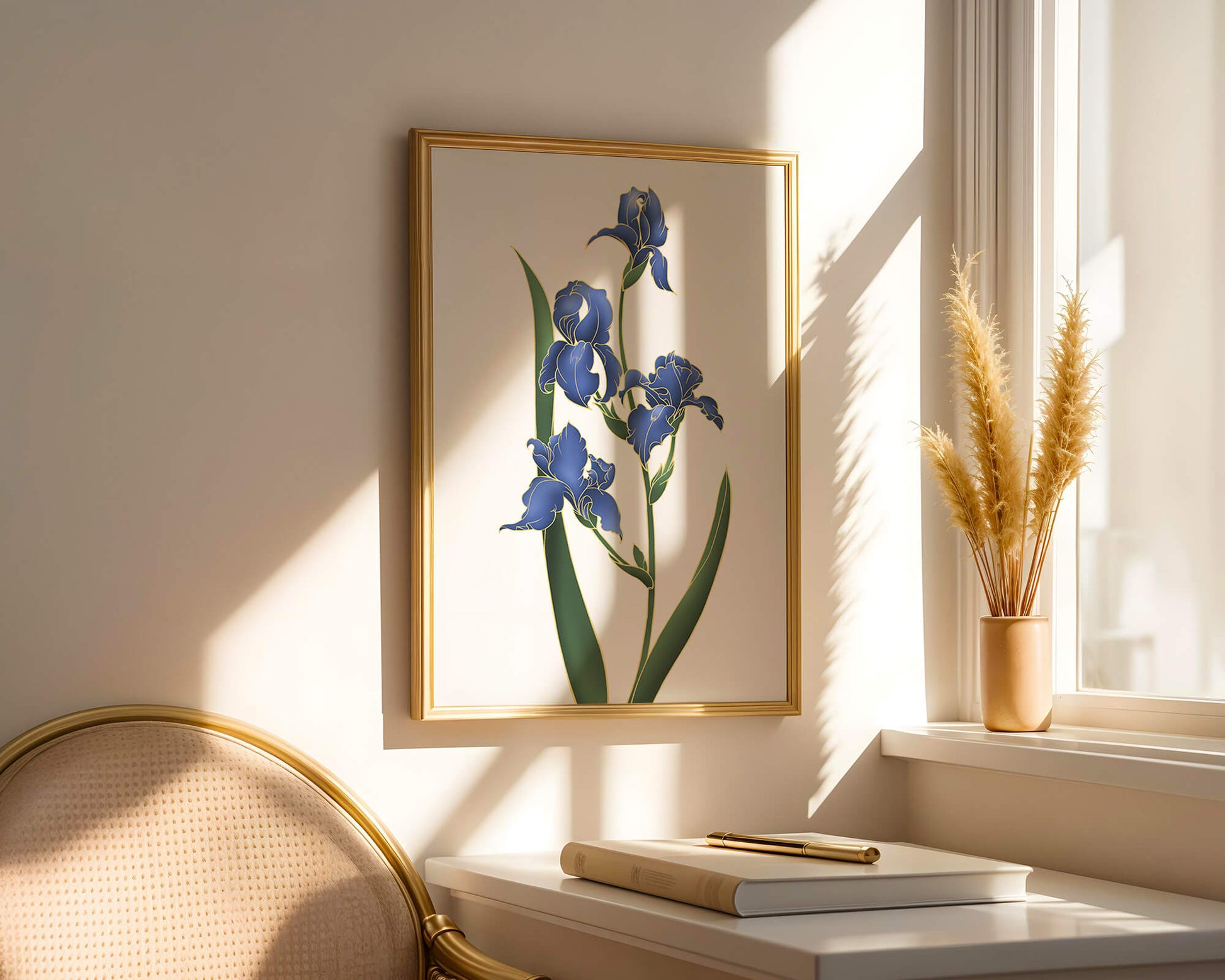 Flores de lirio azul elegantes con acentos dorados sobre un fondo blanco