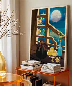 Noche iluminada por la luna con pasteles de luna y decoración floral sobre una mesa de madera