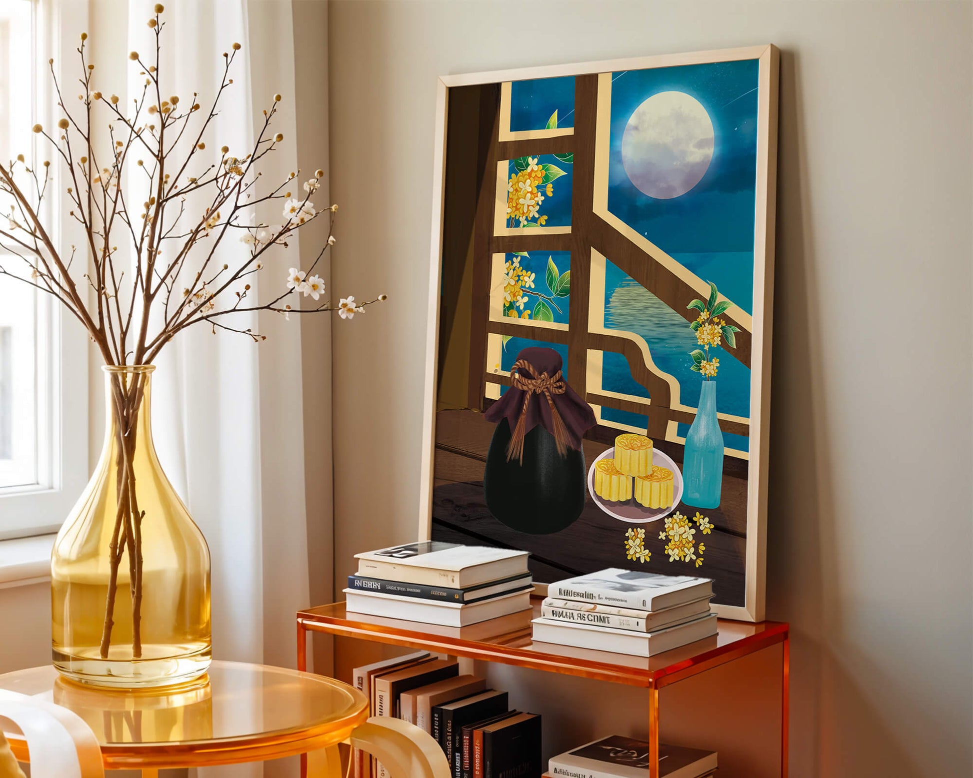 Noche iluminada por la luna con pasteles de luna y decoración floral sobre una mesa de madera