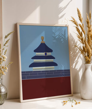 Ilustración abstracta del Templo del Cielo con detalles azules y dorados