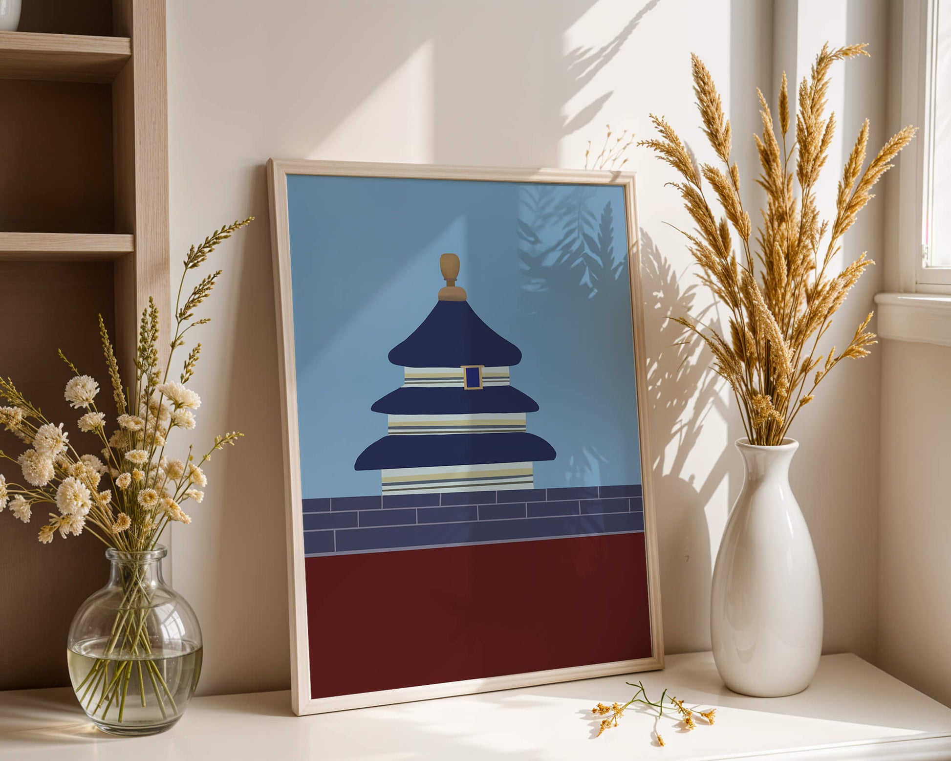 Ilustración abstracta del Templo del Cielo con detalles azules y dorados