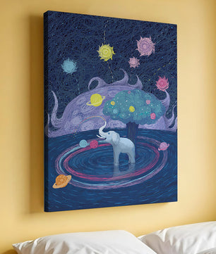 Éléphant fantastique avec arbre et fond cosmique