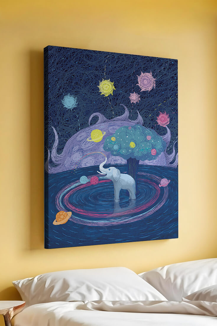 Éléphant fantastique avec arbre et fond cosmique