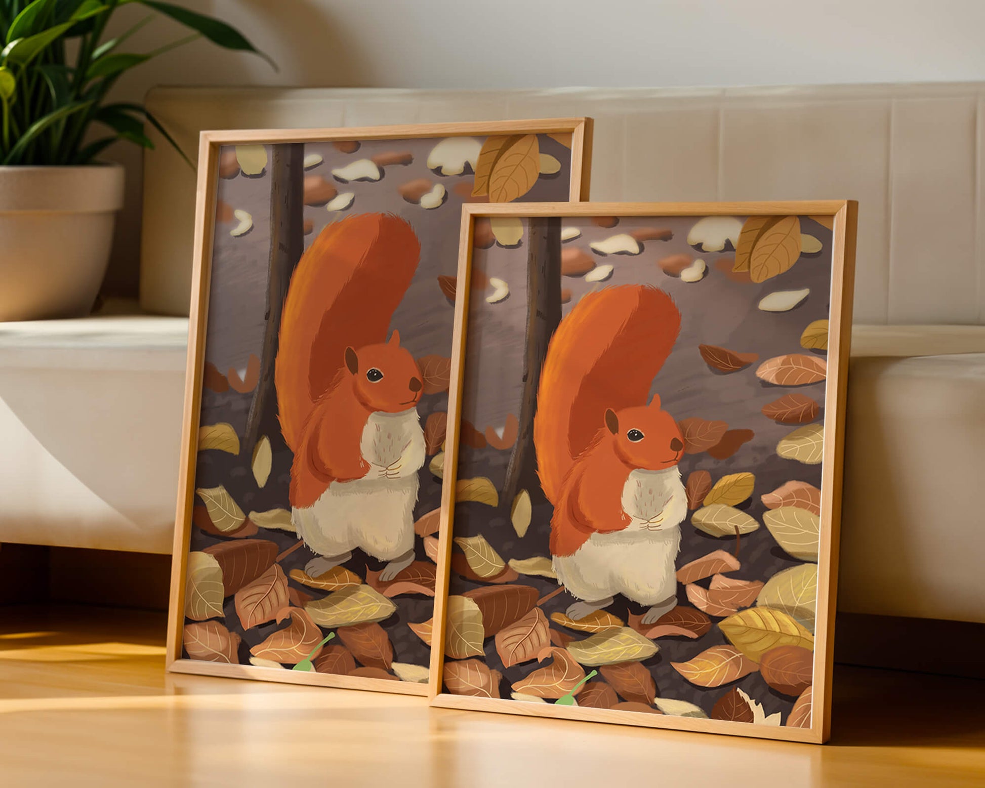 Illustration of a cute squirrel among autumn leaves