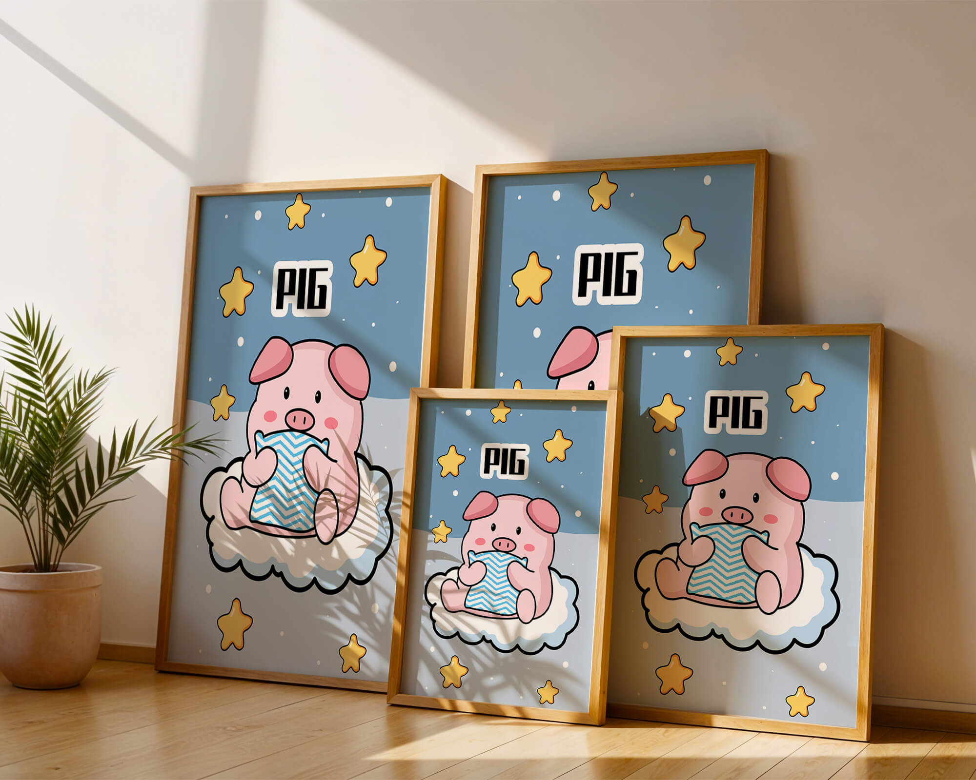 Cartoon pig on cloud with stars and blue background