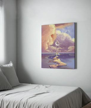 Whimsical journey on a dreamlike path beneath colorful clouds