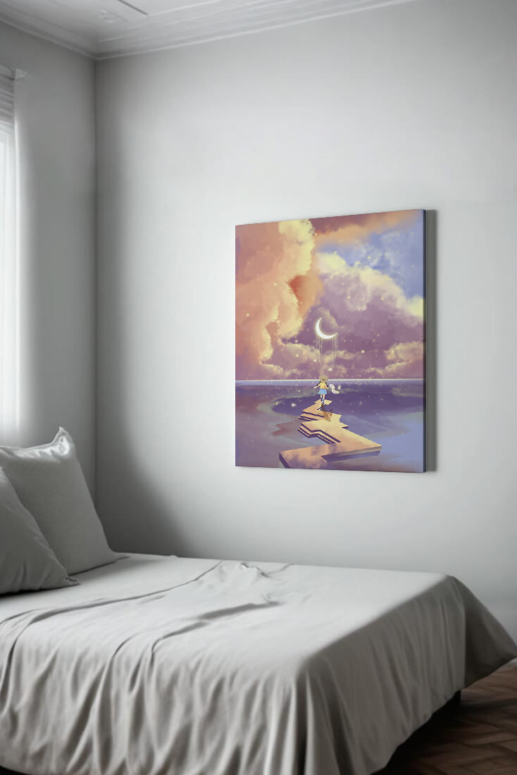 Whimsical journey on a dreamlike path beneath colorful clouds