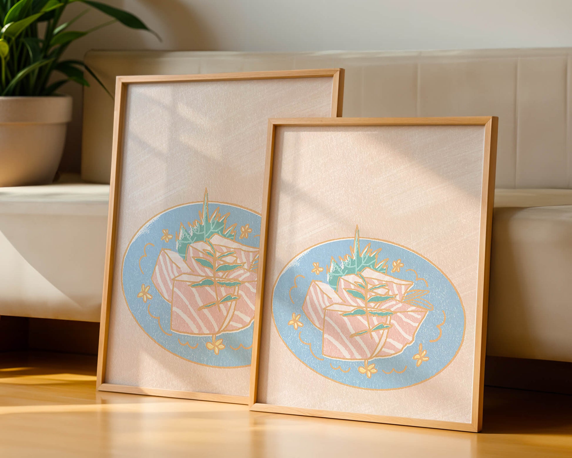 Ilustración de rodajas de sushi fresco en un plato decorativo