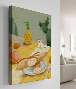Gato con gafas de sol en un entorno tropical con baguettes y frutas
