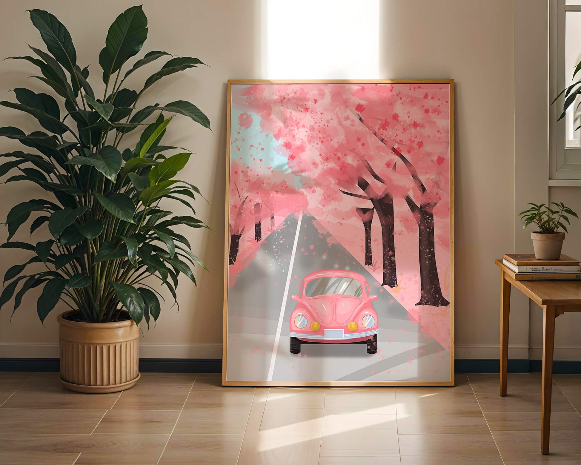 Pink vintage car on a cherry blossom road