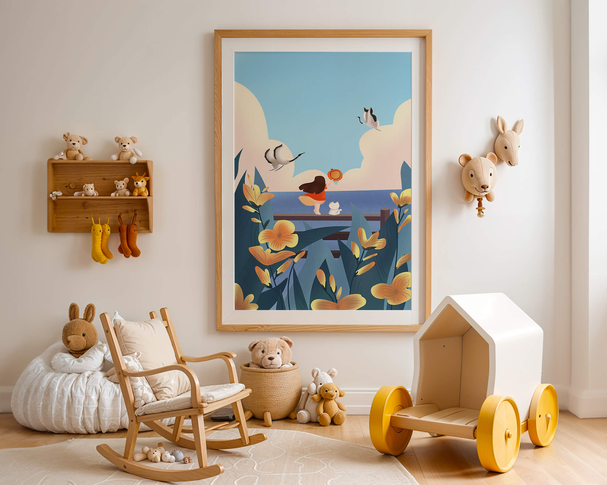 Serene seaside scene with girl, cat, and birds in nature