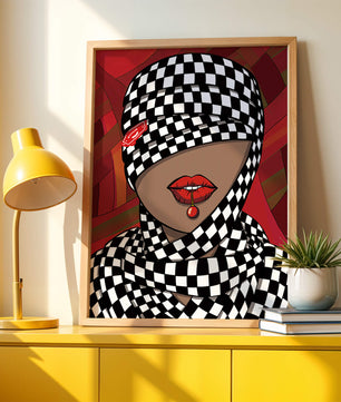 Abstract Art of Woman with Checkered Pattern and Red Lips - Mi tienda