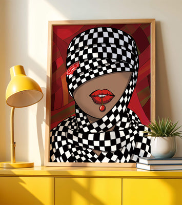 Abstract Art of Woman with Checkered Pattern and Red Lips