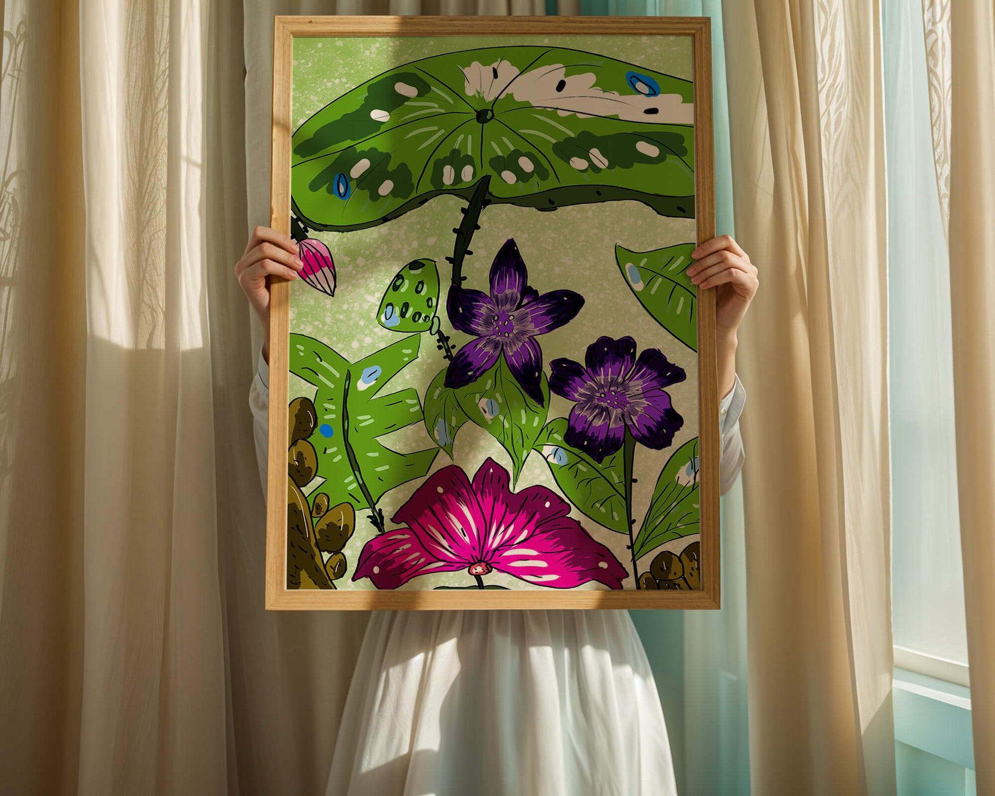 Bunte Blumenillustration mit exotischen Blumen und Blättern
