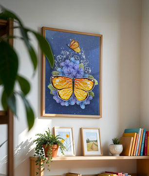 Colorida ilustración de mariposa y flores azules