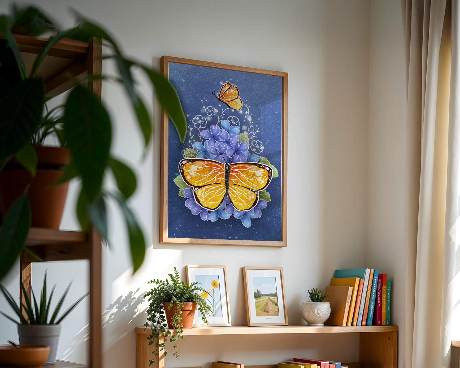 Colorida ilustración de mariposa y flores azules