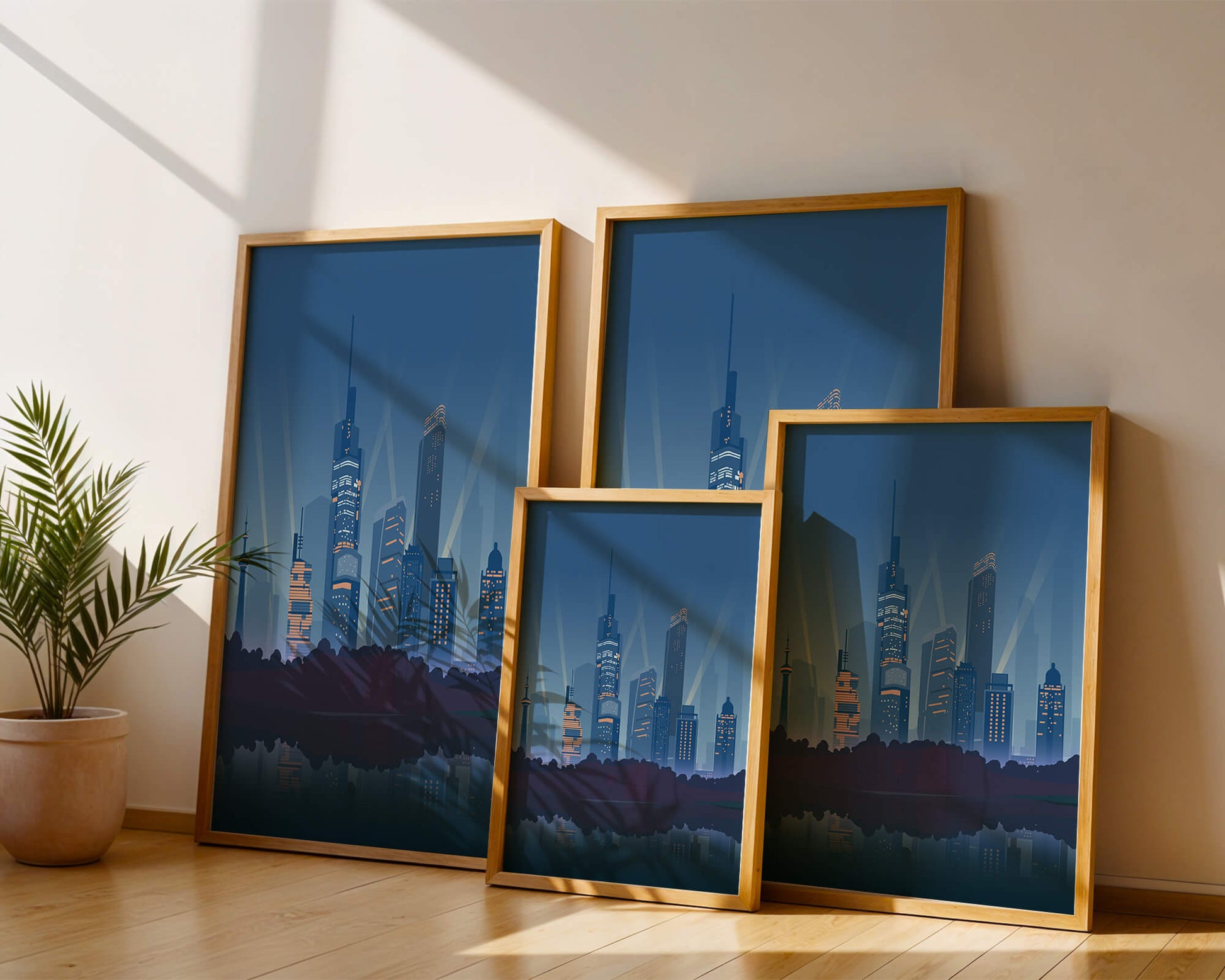 Modern cityscape with illuminated skyscrapers reflecting on water