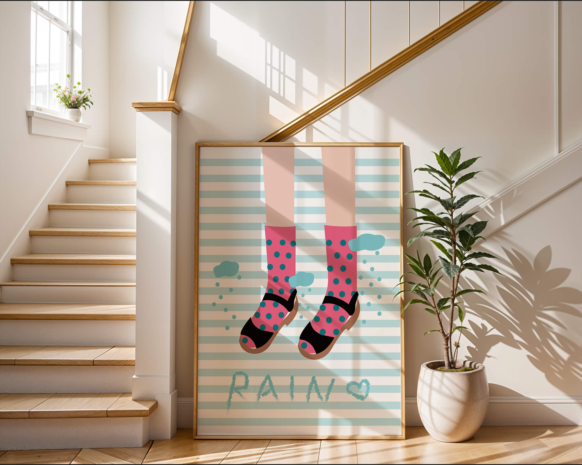 Illustration of polka dot socks and sandals on a striped background