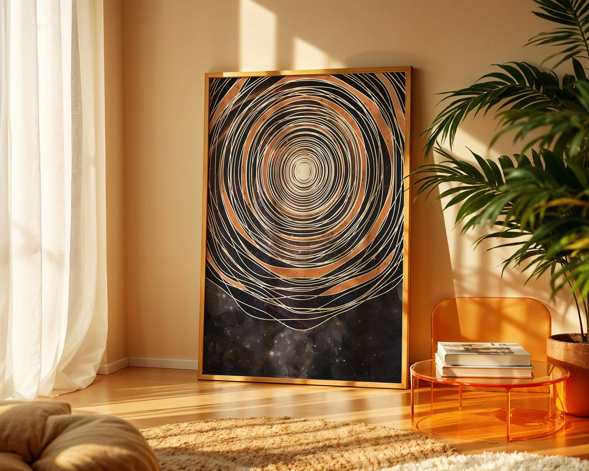 Abstract cosmic spiral with concentric oval patterns and starry background