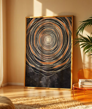 Espiral cósmica abstracta con patrones ovalados concéntricos y fondo estrellado