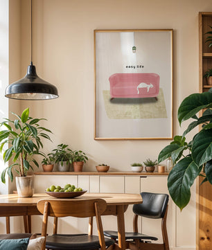 Minimalist Interior with Pink Sofa and Relaxed White Cat