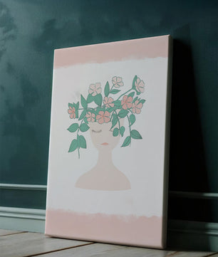 Illustration of a Minimalist Face with Floral Headpiece and Pink Background