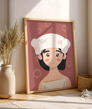Illustration of a person in a towel with bubbles on a pink background