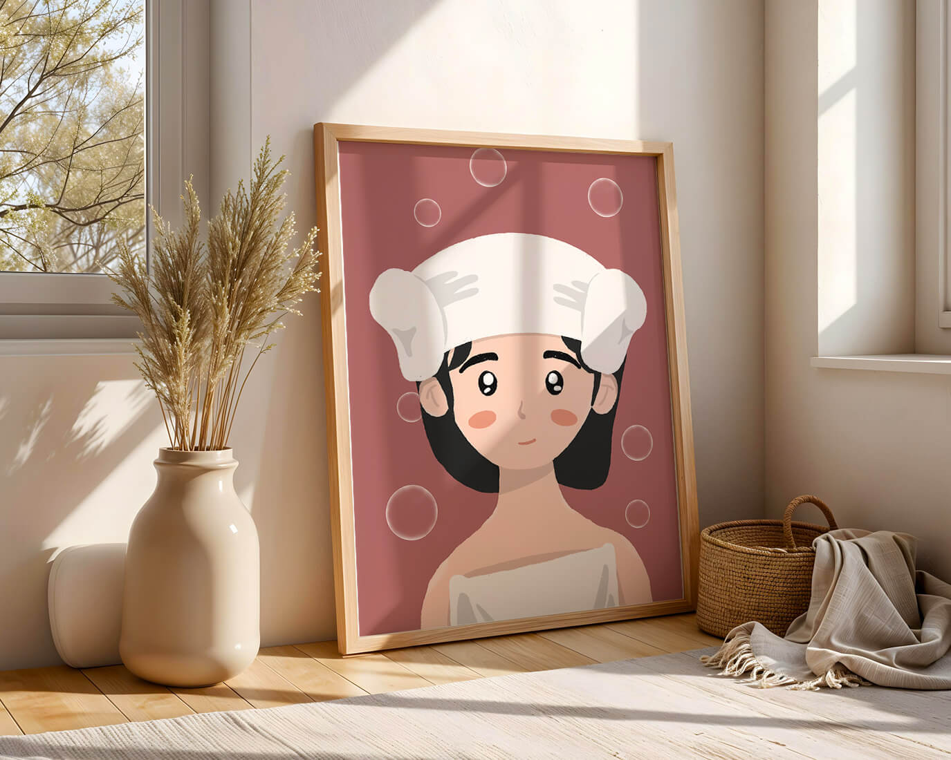 Ilustración de una persona en una toalla con burbujas sobre un fondo rosa