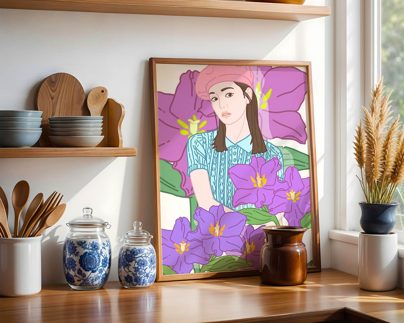 Ilustración de una joven con boina rosa y flores moradas